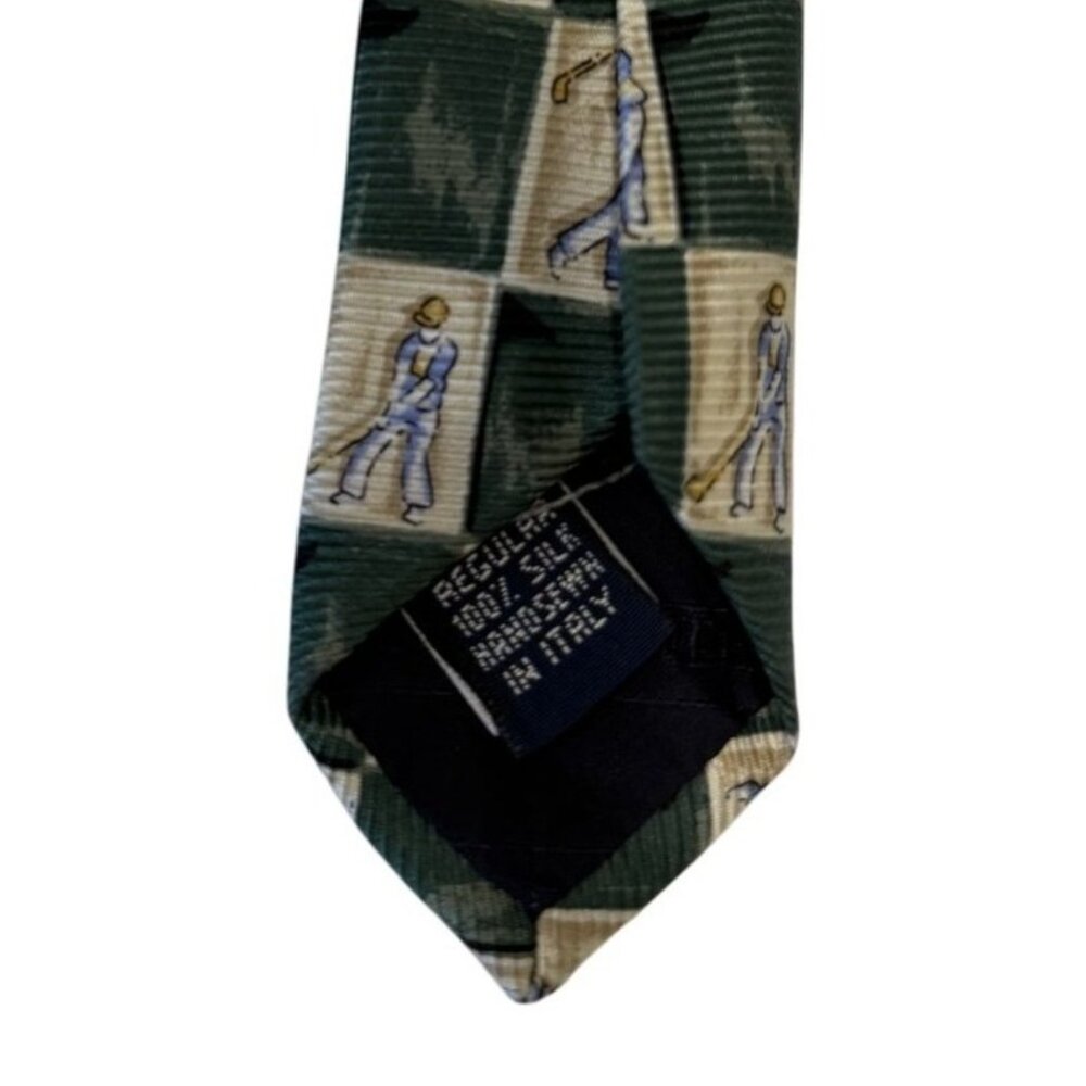 Lands End Mens Golf Necktie 100% Silk Green Beige Check 59" Handmade In Italy - Picture 5 of 5